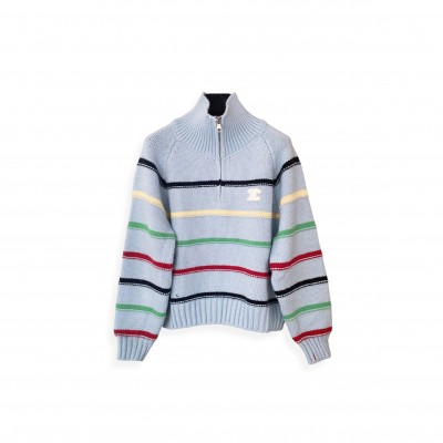 CHANEL COLORFUL STRIPED COLLARED ZIPPER KNIT LONG SLEEVE 